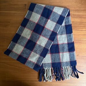 J.Crew 100% Wool Plaid Scarf with Fringe in Blue and Grey with Red Detail